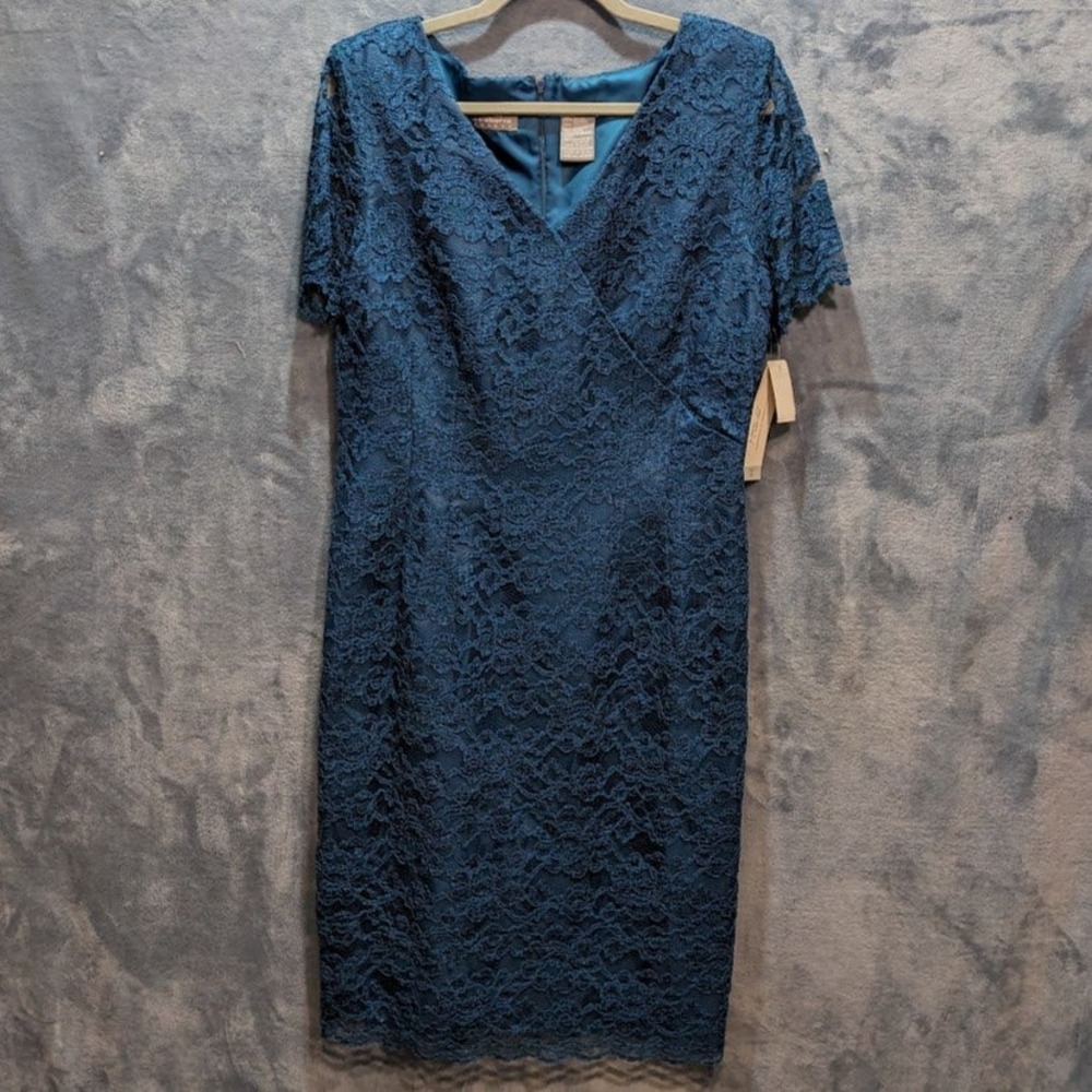 Liz Claiborne Vintage 80s 90s Teal Blue Lace Sheath Dress Night Music II NWT 12